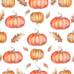 Orange pumpkins with maple leaves seamless pattern. Hand drawn watercolor autumn fall pattern. Digital paper. Isolated on white background. Autumn harvest seamless pattern.