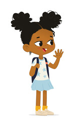 Cute African American girl happily waving hand. Vector illusttration. Isolated