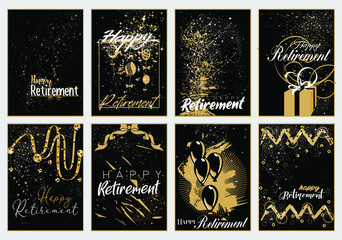 Vector illustration of Happy Retirement posters in black and gold color themes with sparkles and confetti in flat design style - 452715924