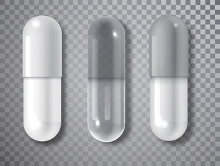 Capsule pill set isolated on transparent background. Vector realistic medical pill icon set. Medical and Healthcare Concept. Top View