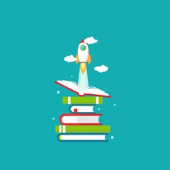 Open book with rocket ship. Vector flat illustration on blue background.