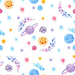 Seamless watercolor pattern with planets, stars, meteors and asteroids. Cute baby space print.