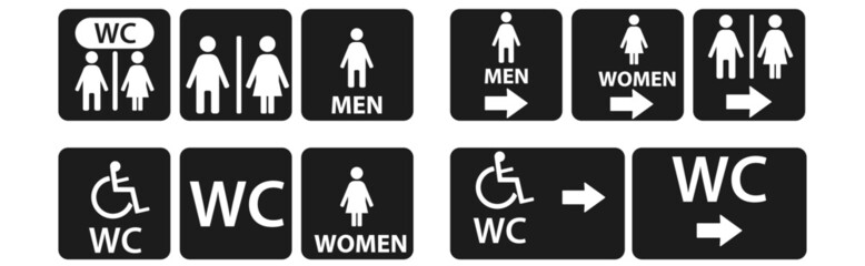 wc toilet door plate set.
women's toilet, men's and disabled people's toilet directions. flat vector design symbols Eps 10.