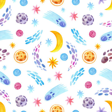 Seamless watercolor pattern with stars, moon, meteors, asteroids and planets. Cute baby space print.