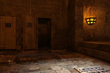 Fantasy medieval dungeon architecture construction 3d illustration - 452716956