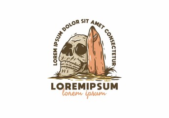 Surfing board and skull head line art drawing with lorem ipsum text