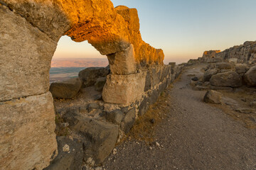 Sunset view of the remains of the crusader Belvoir Fortress