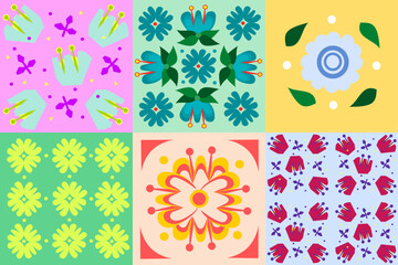 Vector abstract vintage set of six seamless floral pattern. Blue, yellow, pink flowers. Bloom. Spring. Bouquet. Square eps template geometric ornament pattern 