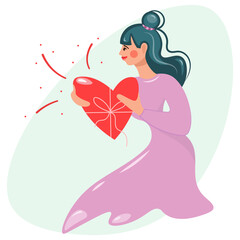 A pretty girl holds a red heart in her hands and smiles. A young woman in a pink dress gives her big heart with love. Cartoon vector, isolated illustration for a holiday, a day of love. Flat style.