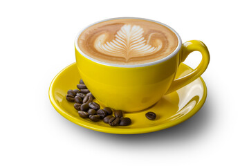 Latte coffee in yellow coffee cup with plate and coffee beans on white background with clipping path