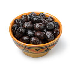 Bowl with traditional Moroccan black breakfast olives close up isolated on white background 