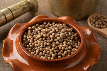 Traditional Moroccan bowl with dried coriander seed close up   