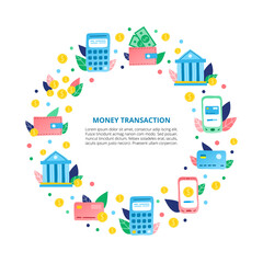 Poster with money transaction icons.