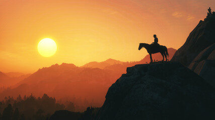 Silhouette of a person on a mountain top. Sunset. Red Dead Redemption. Cowboy on a horse. Orange golden hour tones. Sun and little clouds