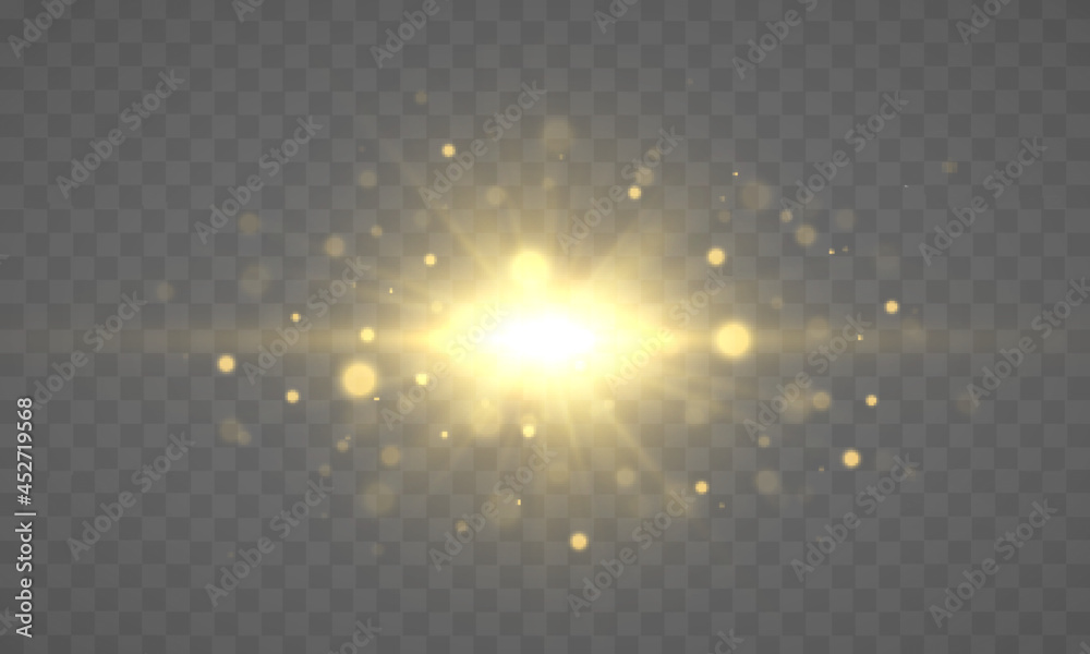 Poster flare with golden rays of light and magic sparkles. bright star. abstract golden rays will raise. tr