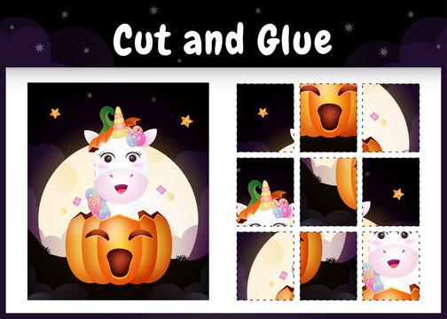 Children board game cut and glue with a cute unicorn in the halloween pumpkin