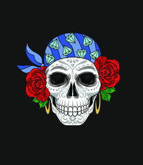 Scull and roses. Day of The Dead colorful Skull with ornament. Halloween, Dia de los muertos, Mexican sugar skull, T-shirt print design