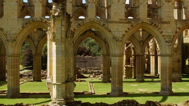 Cinematic view of the stunning Rievaulx Abbey in the North York Moors National Park, North Yorkshire, England, UK, dating back to 1132