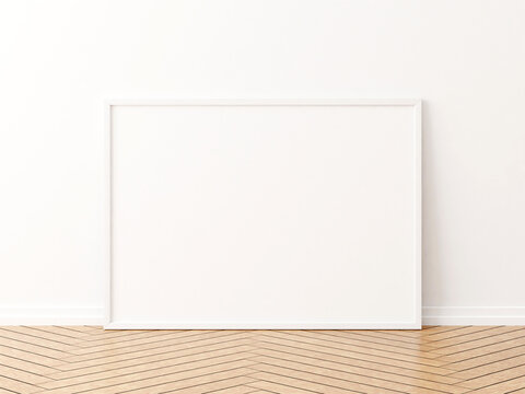 White horizontal frame mockup on the wooden floor. 3d rendering.