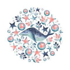 watercolor handpainted circle of stars leaves moon whale and bubbles isolated on white backdround