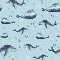 Beautiful watercolor hand painted seamless pattern of whales bubbles  blue pink on blue background