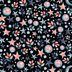 Beautiful watercolor hand painted seamless pattern of stars bubbles leaves and moon blue pink on black background