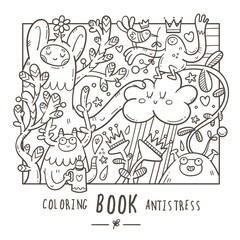 Coloring book antistress with funny cute cartoon monsters and plants. Doodle print with joyful animals and flowers. Line art poster. 