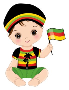 Cute Little Reggae Baby Boy Holding Flag. Vector Reggae Baby Boy