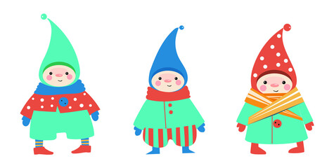 Funny gnomes in funny clothes. Vector set of separate images.