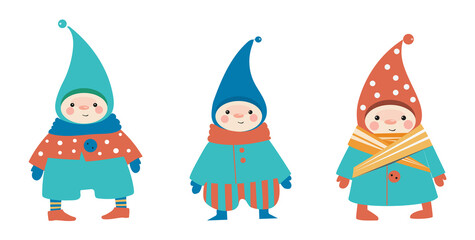 Funny gnomes in funny clothes. Vector set of separate images.