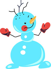 Cheerful snowman in mittens. New Year vector drawing.