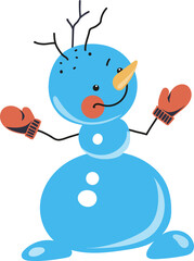 Cheerful snowman in mittens. New Year vector drawing.