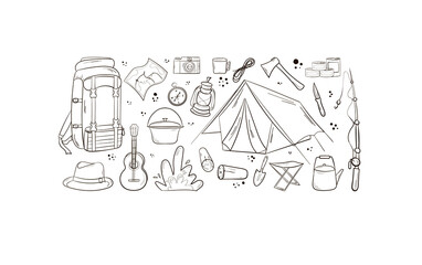 Camping and travel items set. Hand drawn style. Items are arranged in a circle. Hat, canned food sleeping bag first aid kit matches knife binoculars sneakers. Vector illustration