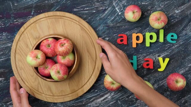 National Apple Day. Red apple, October 21. Top view. Apples On a dark background