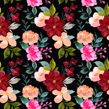 Seamless pattern of colorful watercolor floral on black background