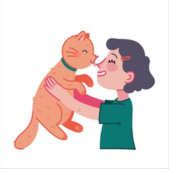 Girl hugging cat, young person with pet embraces portrait vector illustration in flat style. Cat pet owner characters.