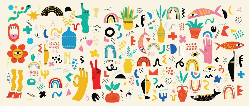 Big Set of Different colored Vector illustartions in Cartoon Flat design. Hand drawn Abstract shapes, funny Comic characters.