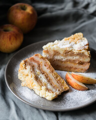 Pieces of apple cake, gateau on a plate on grey tablecloth with ripe apples, selective focus