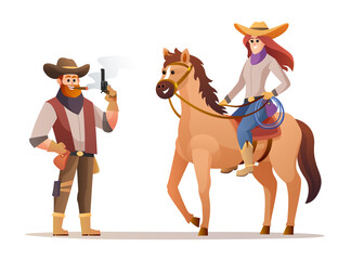Wildlife western cowboy holding gun and cowgirl riding horse characters illustration