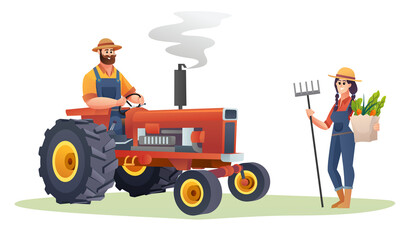 Male farmer on tractor and the female farmer holding organic vegetables and fork hoe concept. Harvest farmer illustration