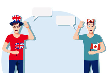 Men with British and Canadian flags. Background for the text. The concept of sports, political, education, travel and business relations between the United Kingdom and Canada. Vector illustration.