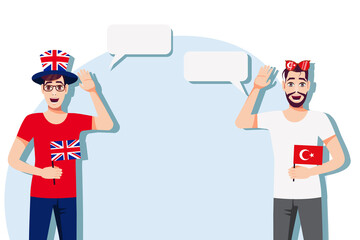 Men with British and Turkish flags. Background for the text. The concept of sports, political, education, travel and business relations between the United Kingdom and Turkey. Vector illustration.