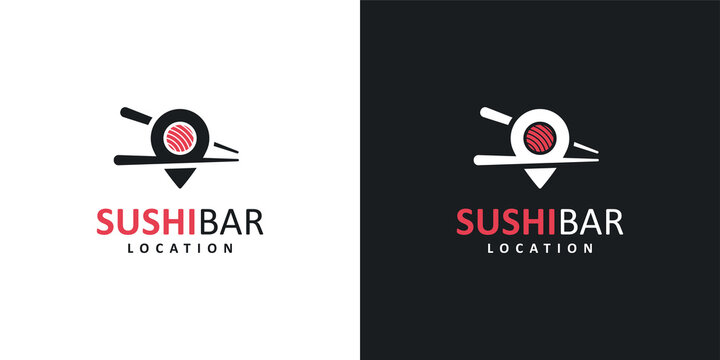 Restaurant logo design template. Pin point location with sushi and chopsticks graphic design vector illustration.
