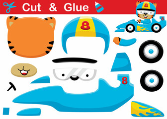 Cat racer cartoon wearing helmet riding racing car. Education paper game for children. Cutout and gluing
