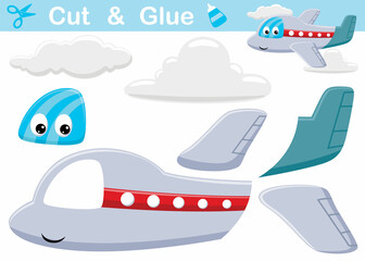 Funny air plane cartoon with clouds. Education paper game for children. Cutout and gluing