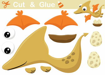 Cute pterosaurs cartoon with its egg. Education paper game for children. Cutout and gluing