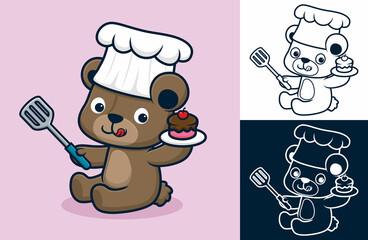 Funny bear cartoon wearing chef hat while holding cake and spatula
