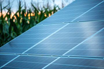 Solar power cells, close up on photovoltaic solar panels with green field in the back.