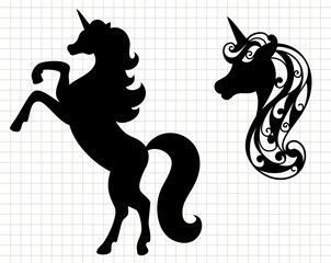 Unicorn face head cartoon clip art. Silhouette vector flat illustration. Cutting file. Suitable for cutting software. Cricut, Silhouette.