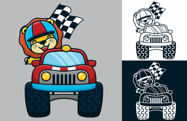 A lion wearing helmet on monster truck. Vector cartoon illustration in flat icon style © Bhonard21